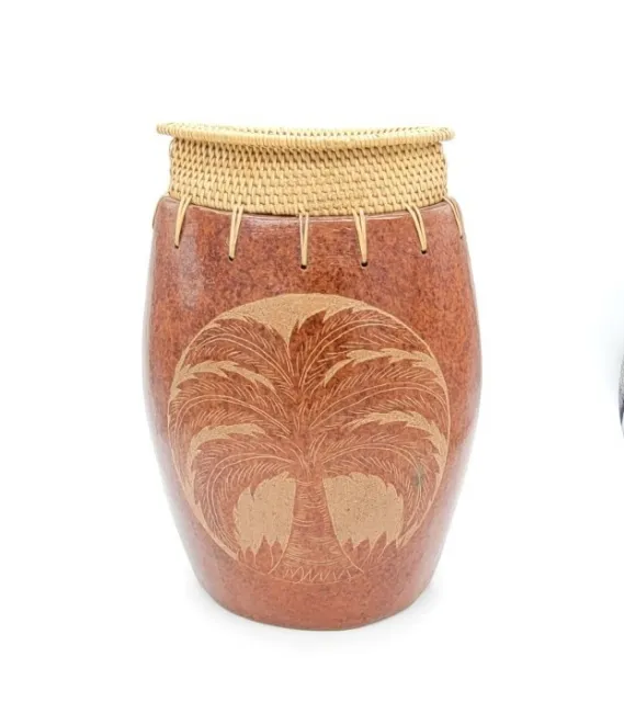 Large Vintage Terracotta & Woven Rattan Vase HandEtched Palm Tree Oval Shape 3