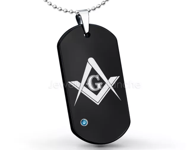 Masonic Symbol Black Dog Tag Tungsten Pendant - 0.07ct Mens Blue Diamond Pendant