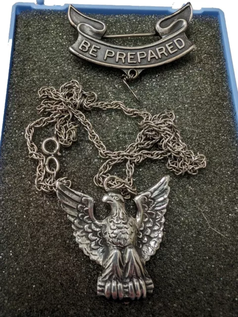 Vintage 1930s BSA Sterling Silver Eagle Scout Pendant Necklace & Be Prepared Pin