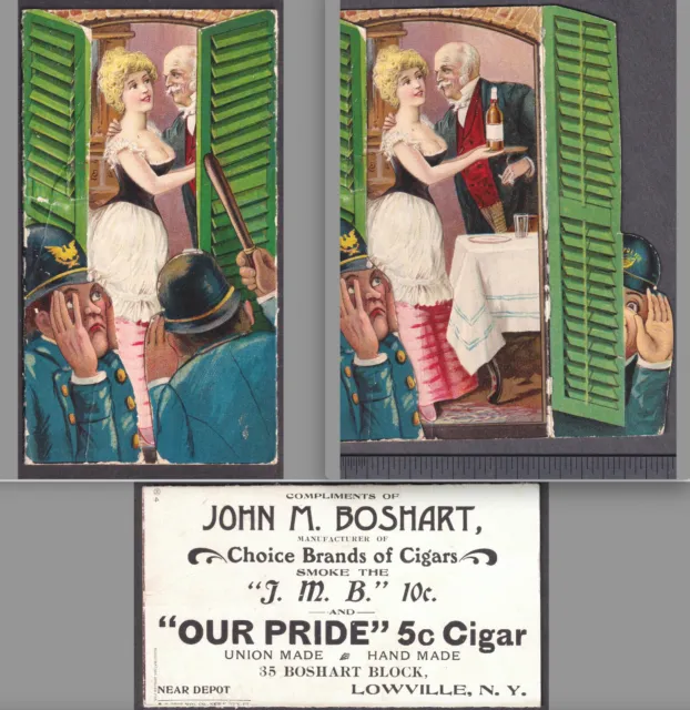 Lowville NY Boshart Cigar Tobacco Risque Saloon Girl Metamorphic Cop Trade Card
