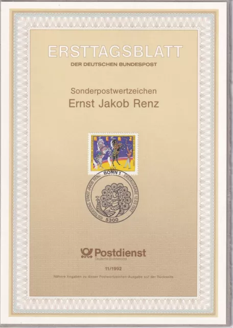 Ersttagsblatt ETB 11/1992 - "100. Todestag von Ernst Jakob Renz" - Stempel Bonn