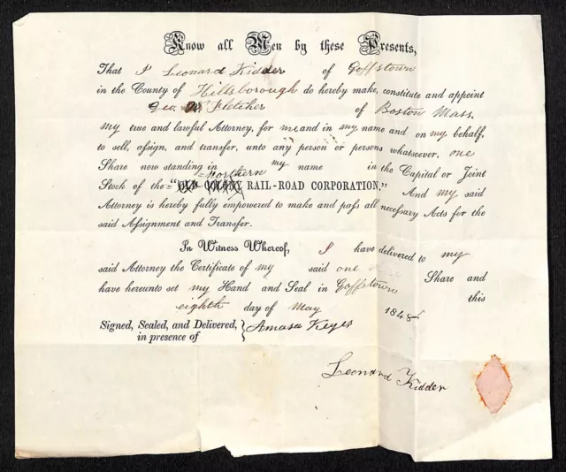 1848 Goffstown, NH Old Colony Railroad Northern Railroad Stock Transfer Document