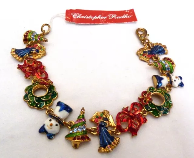 New W/ Tags Christopher Radko Enamel Rhinestone Angel Snowman Christmas Bracelet