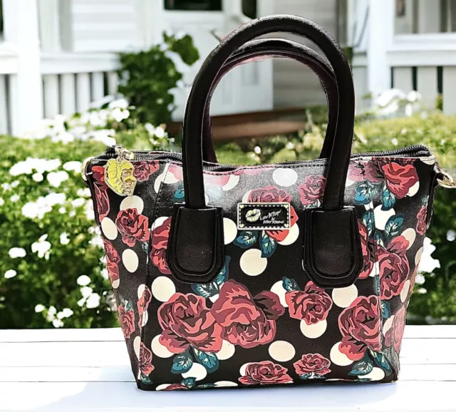 BETSEY JOHNSON…….Black & White Polka Dot Floral Roses Satchel Bag.