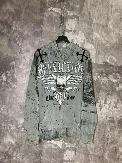 VTG Y2K Affliction Hoodie SweatShirt Gray Zip Up Skull Size S MMA Elite Tapout