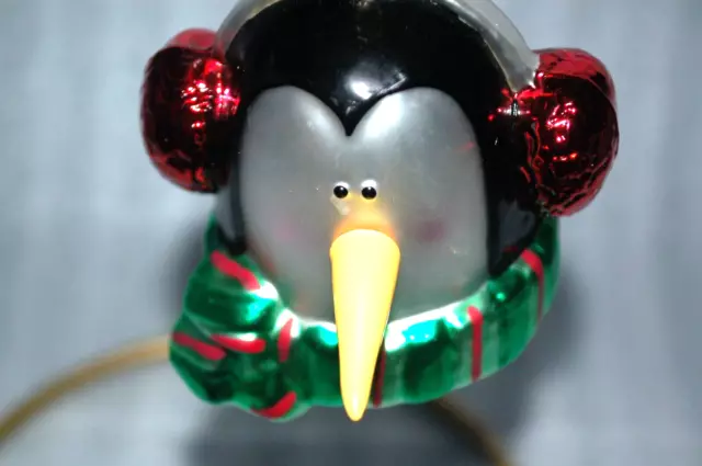 Vintage Hand Blown Mercury Glass Penguin Red Ear Muffs Christmas Tree Ornament