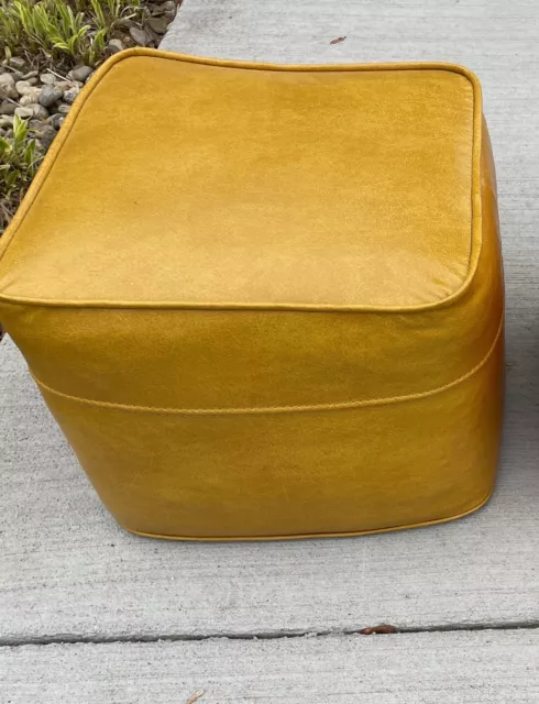 Vintage MCM Yellow Gold Square Vinyl Faux Leather Ottoman Foot Stool 1960s