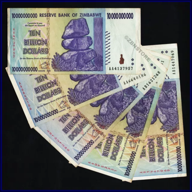 5 x 10 Billion Zimbabwe Dollars Banknotes 5PCS 2008 AA AB, 100 % Authentic + COA