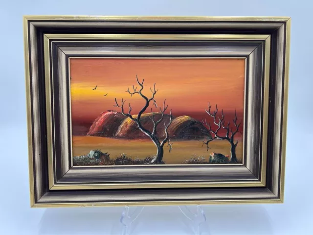 1995 Framed Oil Painting on Canvas Uluru Outback Sunset Indigenous Theme SIGNED