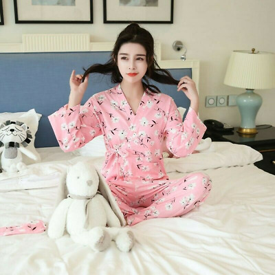 Lady Pajamas Set Lounge Pjs Japanese Kimono Cotton Flower Nightwear Sleep Wear