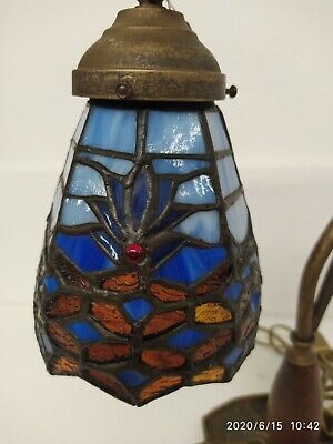 Lampada da tavolo in ottone liberty vetro  inserto  legno 2