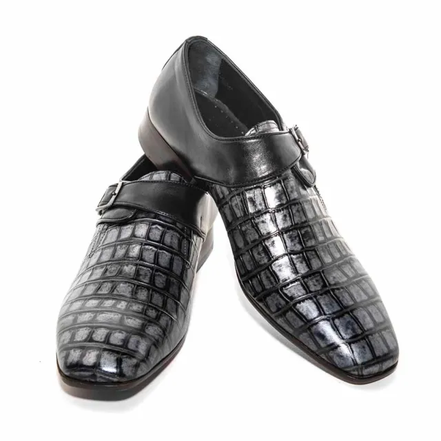 SIGOTTO Uomo Noir Crocodile Imprimé Ciselé Moine Bracelet Boucle Robe Chaussures