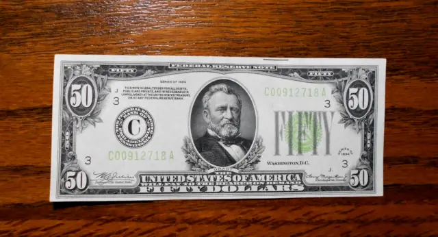 1934 $50 Federal Reserve Note 💲 Light Green ~ Philadelphia