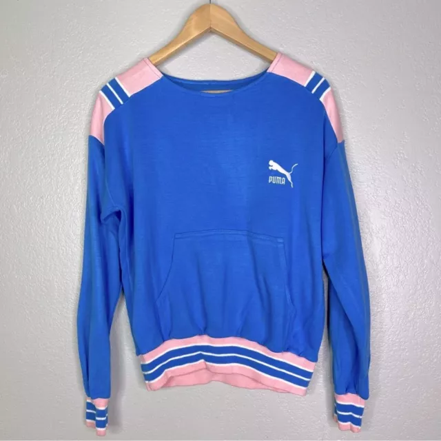 Puma Vintage 80s Dead Stock Light Blue & Pink Striped Sweatshirt sz medium