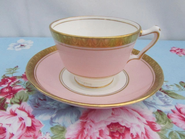Crown Staffordshire Superb Pink & Gold Tea Cup & Saucer Duo Fine Bone China
