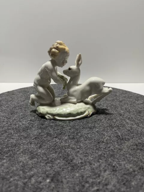 vintage Hutschenreuther Porzellan Figur Putto Knabe mit Reh handbemalt Tutter