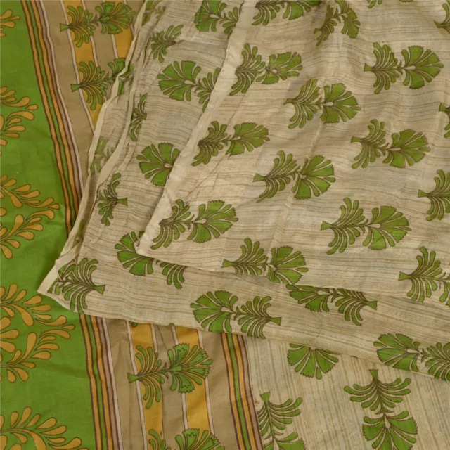 Sanskriti Vintage Sarees Indian Cream/Green Pure Silk Printed Sari Craft Fabric 3