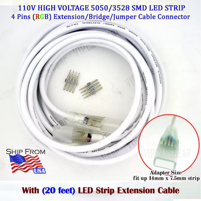 20ft 4Pins 110V High Voltage Extension/Bridge Cable4 5050/3528 SMD RGB LED Strip