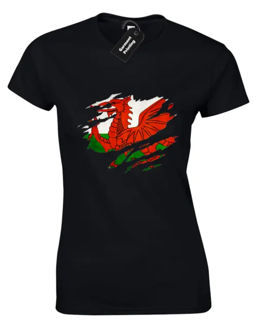 T-Shirt Donna Bandiera Gallese Slash Cool Wales Calcio Rugby Design Fan Regalo (Col)