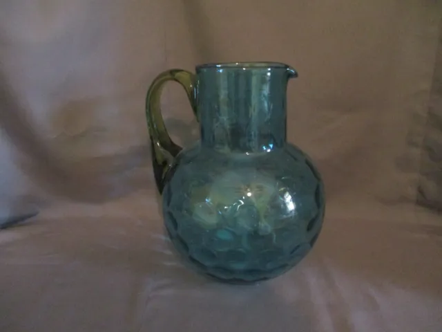 Antique Blue Art Glass Inverted Thumbprint Pitcher with Applied Amber Handle