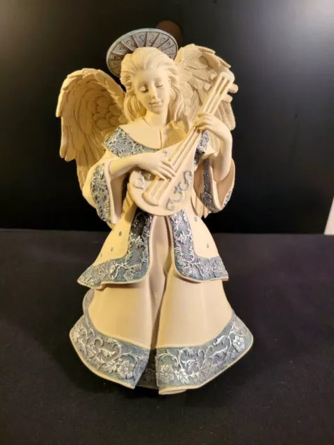 Angel with Guitar Musical Figurine "Amazing Grace" Blue White Resin 8" tall