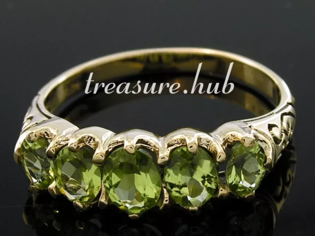 C163 BEAUTIFUL Genuine 9K Solid Gold NATURAL Peridot 5-stone Eternity Ring sizeN