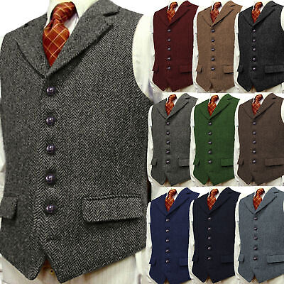 Retro Mens Tweed Waistcoat Vest Vintage Notch Lapel Herringbone Black S-XL-3XL++