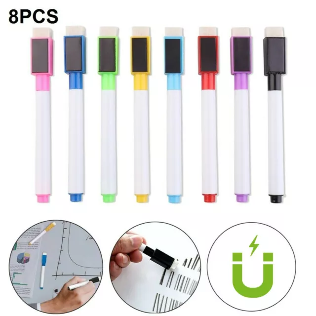8 Colour Magnetic White Board Marker Pens Pen Dry Eraser Easy Wipe Whiteboard UK