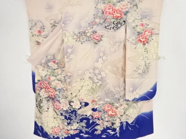 98713# Japanese Kimono / Antique Furisode / Embroidery / Floral Cart
