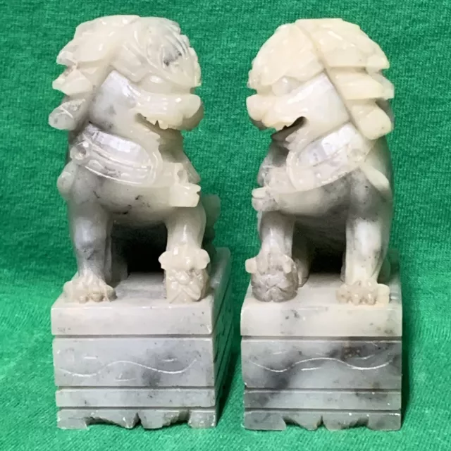 Pair of Vintage Hand-carved Chinese  Foo Dog Lion Statues 3.5” Tall