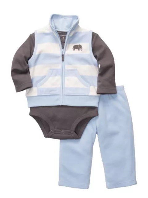 Carters Infant Boys 3 Piece Fleece Elephant Outfit Sweat Pants Creeper Vest