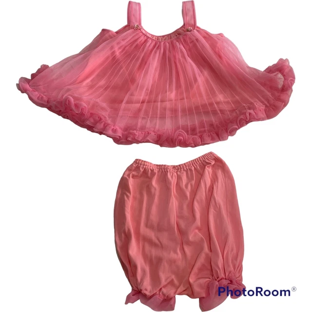 Vintage 1970's Girls Toddler "Lyn Maid" Nightie Set Pink Top + Pants Ruffles