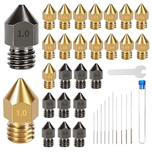 3D Printer Nozzles, 30PCS Hardened Steel and Brass MK8 Extruder Nozzles 0.2mm