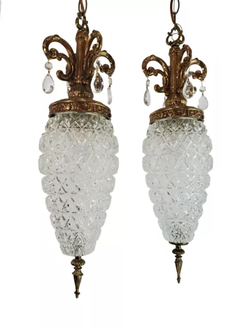 Pair Vintage MCM Hollywood Regency Swag Pineapple Glass Pendant Lights