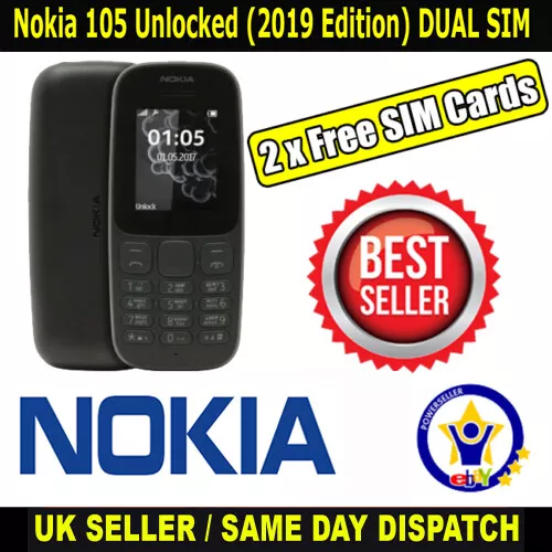 Nokia 105 (Dual) SIM Unlocked ( 2019 Edition ) Black Phone with 2 FREE UK SIMS