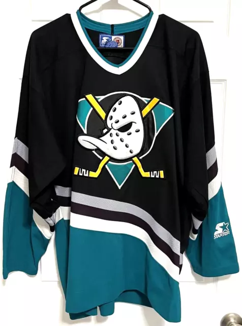ANAHEIM MIGHTY DUCKS Logo Men Black NHL Vintage 90s Sewn Hockey Jersey M Starter