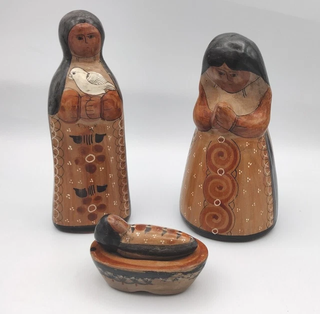 4 Piece Tonala Pottery, Baby, Crib, Two Praying Women, Mexico, Dove, Nativity
