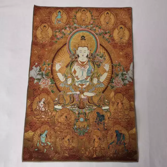 36" Tibet Tibetan Cloth Silk 4 Arm Guanyin Kwan-yin Tangka Thangka 3625