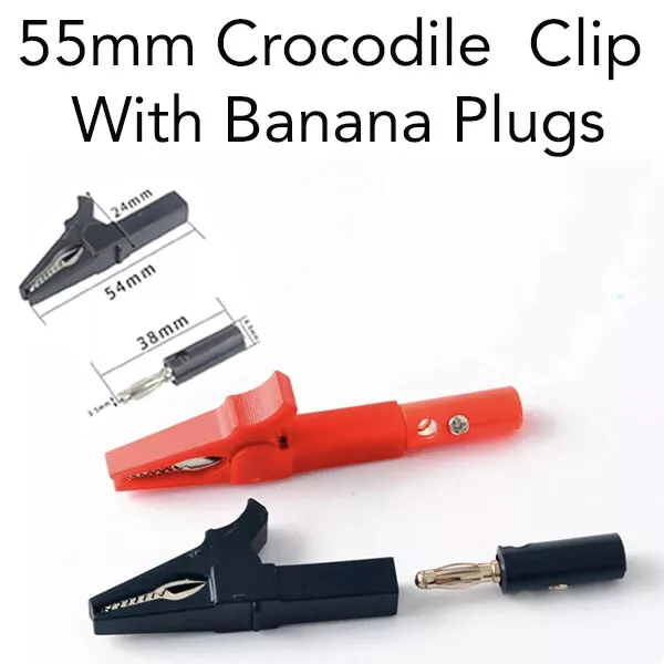 2 x Crocodile Clips Banana Plug Battery Charger Clips 55mm Red/Black Test Clips
