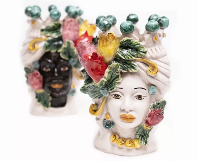 Coppia teste di moro re e regina con tulipani in ceramica di Caltagirone 20 cm