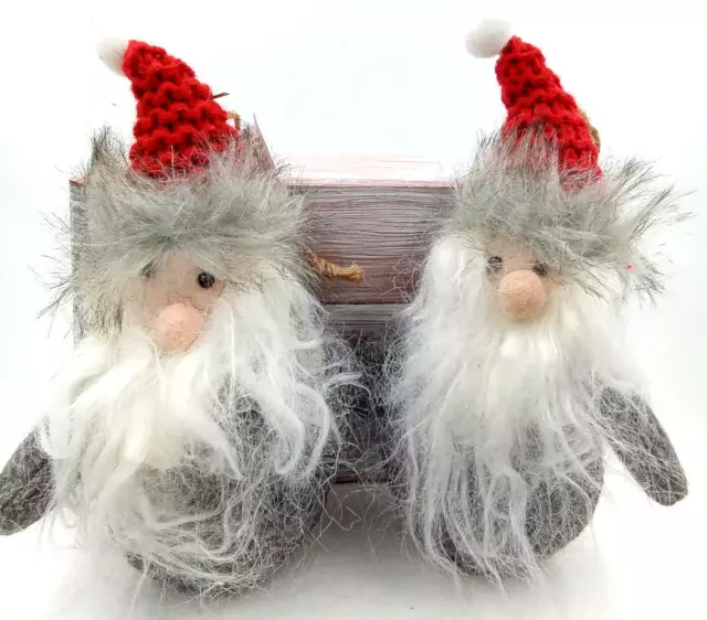 Gnome Ornaments Knit Hat Faux Fur Beard Nose Red Gray White Jute Hanger Set of 2