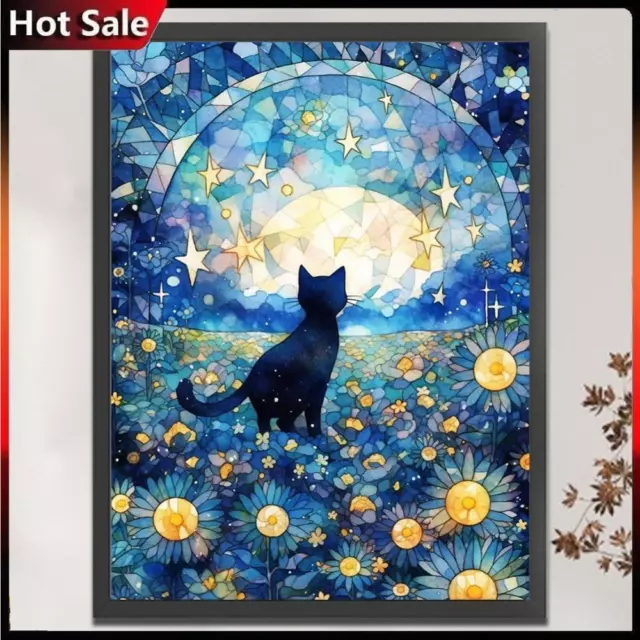 Vollstick-Baumwollfaden 11CT Buntglas schwarze Katze Kreuzstich 50 x 65 cm