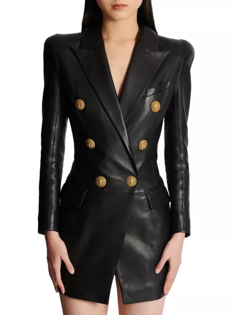 Noir Faux Cuir Cintré Long Blazer / Mini Robe Pour Sexy Cool Look