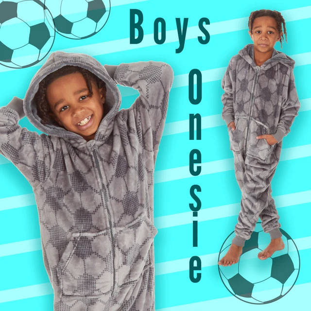 Abbigliamento da notte bambino grigio monopezzo motivo calcio tutto in uno taglia 2-13 UK