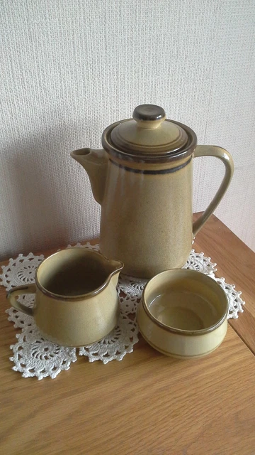 Honiton pottery Devon, coffee pot sugar bowl, milk jug brown/ mocca