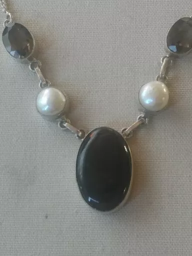 Sterling Silver 925 Black Onyx River Pearl Smokey Quartz Y Necklace Handmade