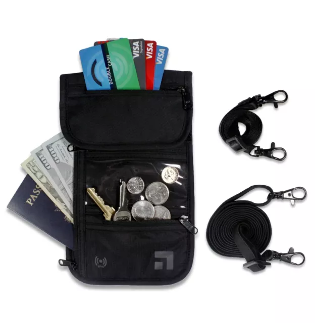 Travel Neck Pouch Passport Holder Card Wallet RFID Blocking Waterproof(2 Straps)