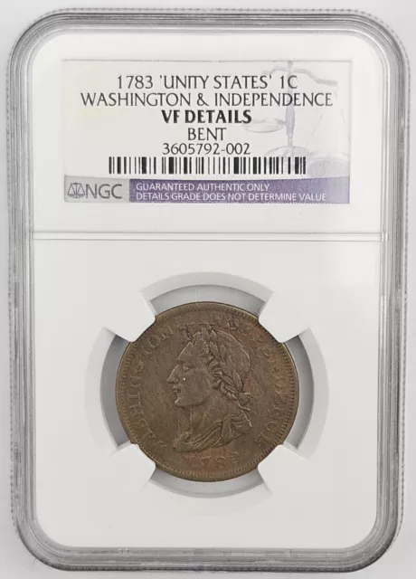 1783 Unity States Cent 1c Washington & Independence NGC VF Details Bent