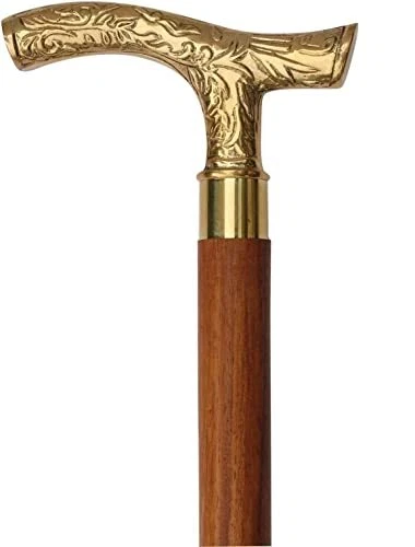 Walking Stick Cane - Handmade Wooden Walking Cane with Brass Handle, 37