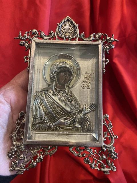 Antique/Vintage Russian Sterling Silver Faberge ? Religious Icon Hand Painting Antique/Vintage Russian Sterling Silver Faberge ? Religious Icon Hand Painting